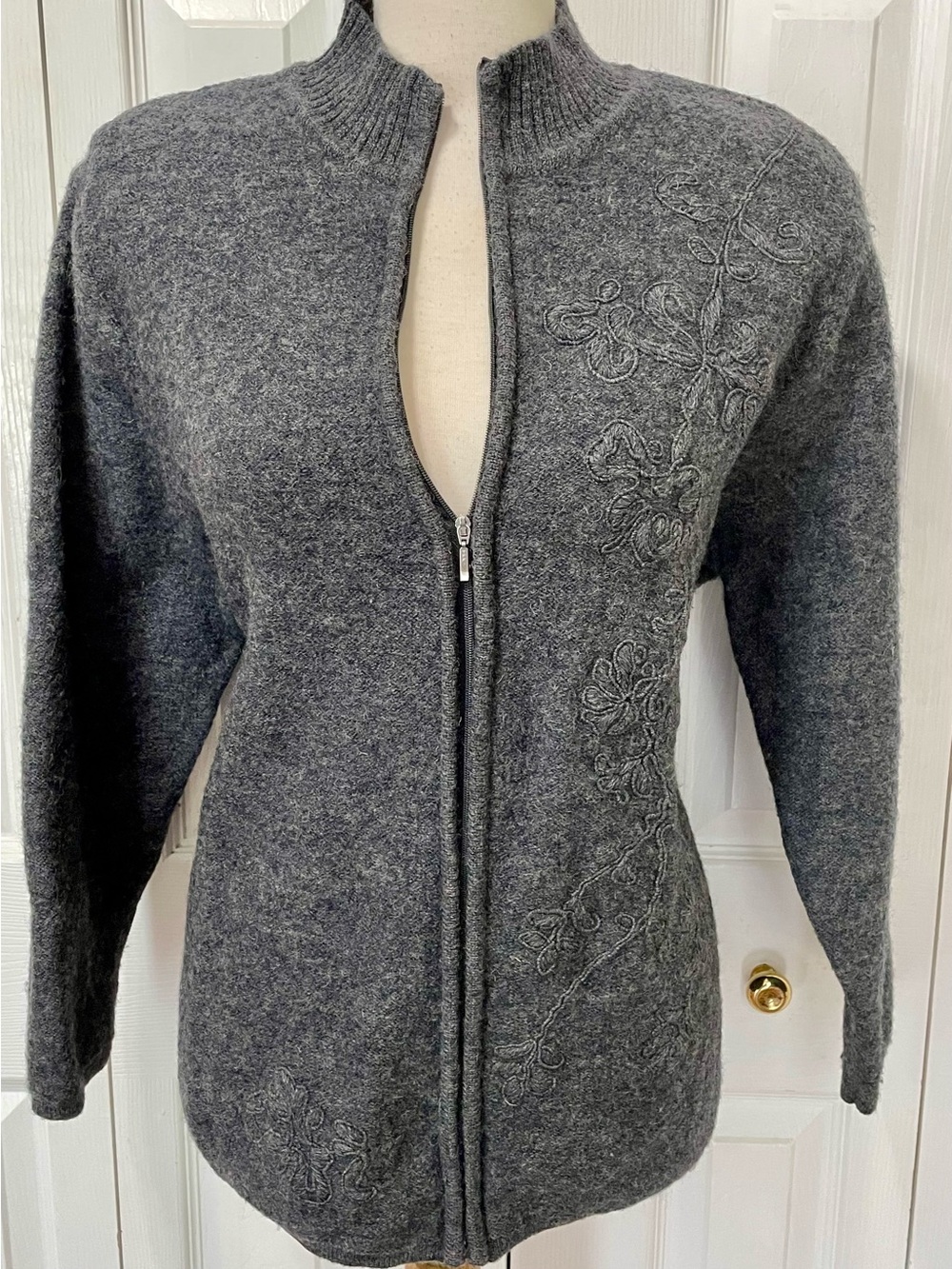 Karen Scott Charcoal Gray Zip-Up Embroidered Wool Cardigan